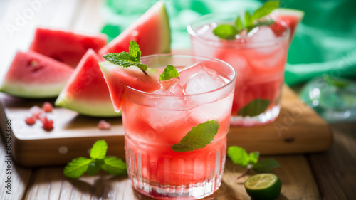 summer iced watermelon water cocktail with mint garnish on a wooden board made with generative AI