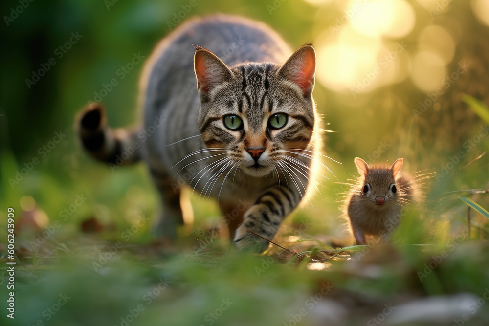 A captivating close-up view of a cat and a rat engaged in an intense chase in the serene morning forest. Showcasing the raw instincts of predator and prey. Generative AI
