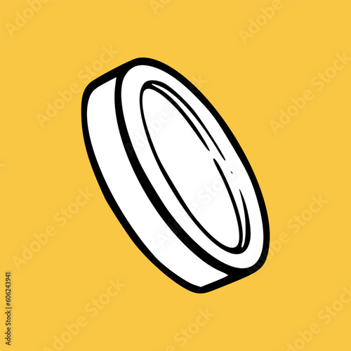 Falling coin sketch. Shiny metal coin in isometriv view. Vector illustration isolated in yellow background