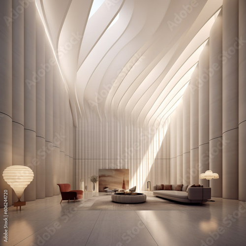 Modern living room is presented in a white floor, in the style of undulating lines, soft, atmospheric lighting, monumental architecture, influenced by ancient chinese art, rendered in cinema4d, sustai