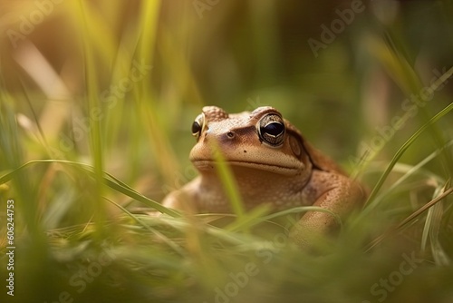 curious frog sitting in the green grass and staring directly at the viewer Generative AI