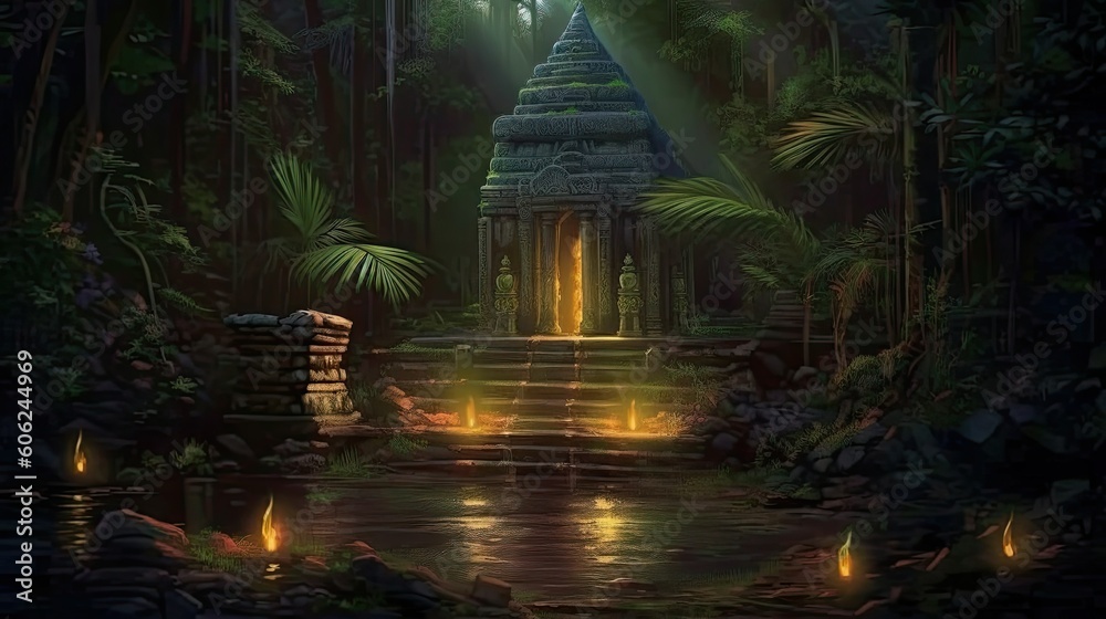 The entrance in the temple in the night.