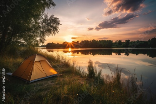 a camping tent is sitting on a river at sunset Generative AI