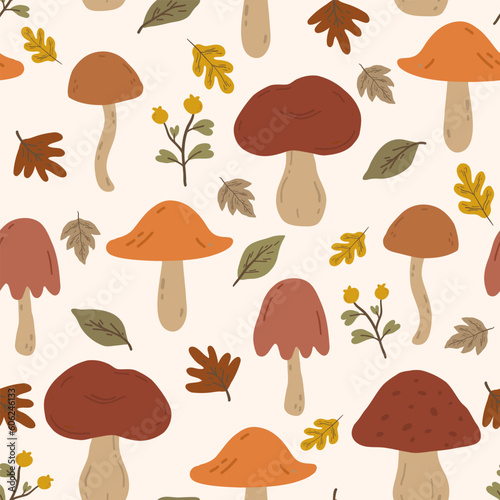 Seamless pattern with autumn leaves and mushrooms. Repeatable background with fall mushrooms, berries and foliage. Flat vector illustration.