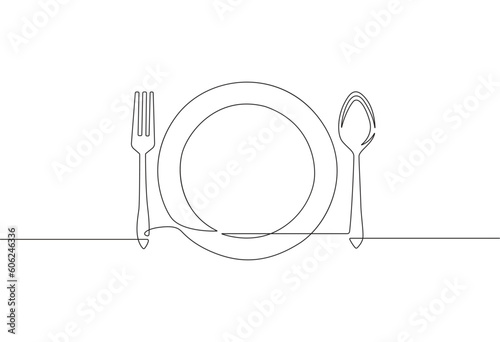 Continuous one line drawing of restaurant logo. plate, knife, fork and spoon. Black and white vector illustration. stock illustration
Food, Plate, Line Art, Meal, Vector.