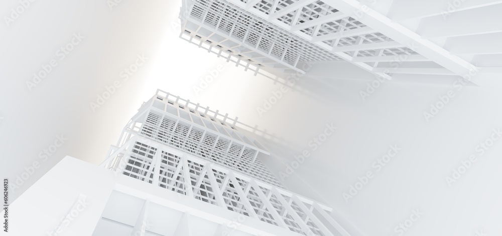 Luxury white abstract architectural minimalistic background. Contemporary showroom. Modern exhibition stand. Empty gallery. Backlight. Polygonal Graphic Design. 3D illustration and rendering.