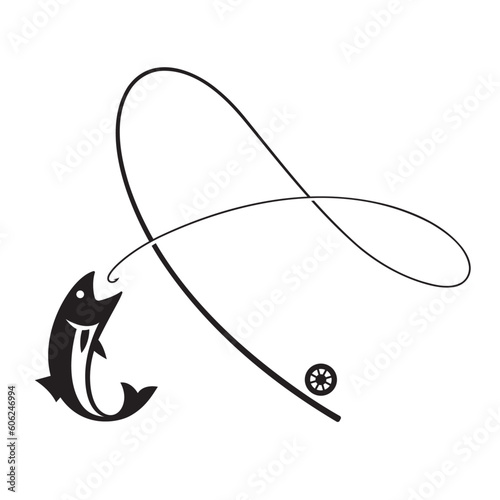 Salmon fishing illustration, fly fishing logo, fishing rod silhouette