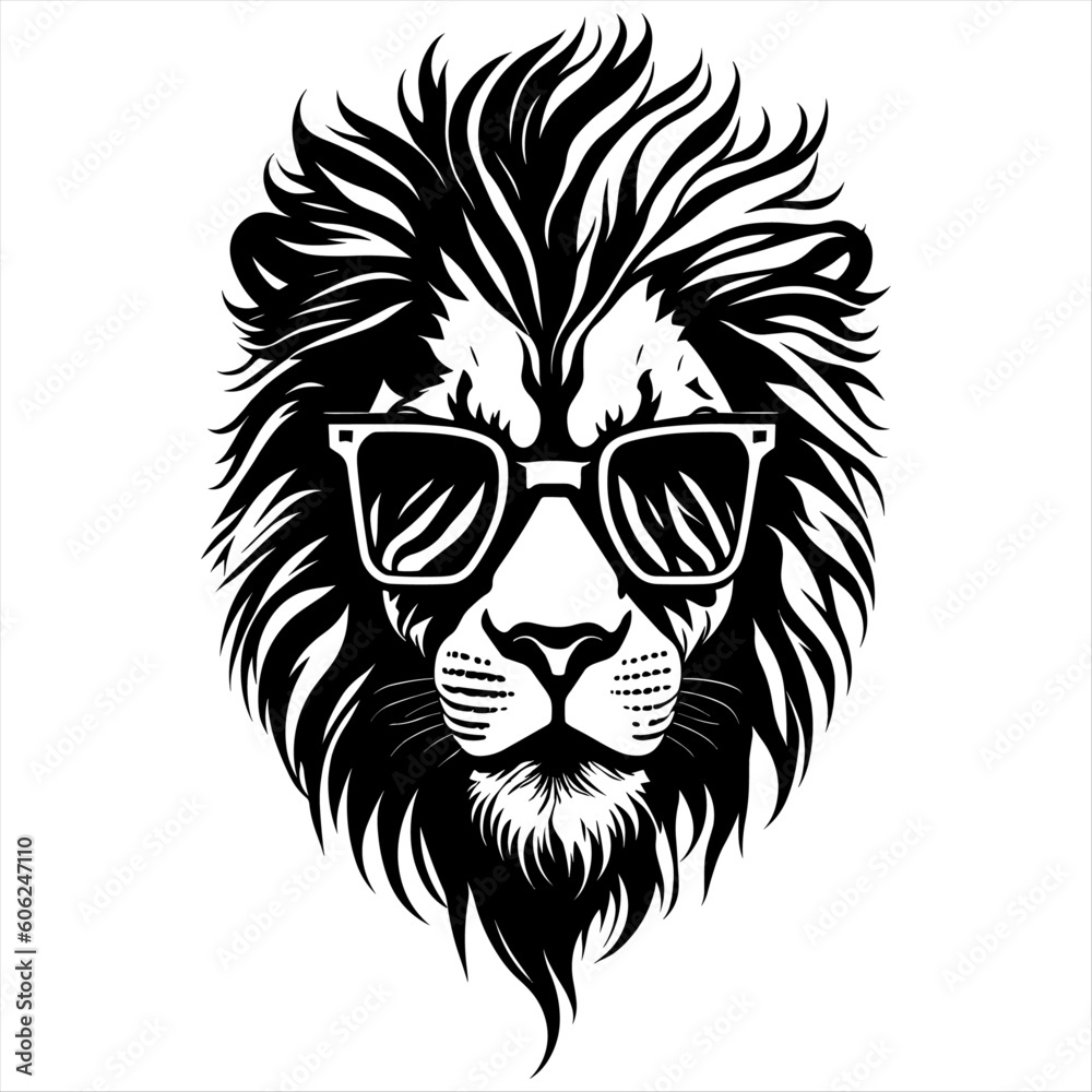 Fototapeta premium Lion in sunglasses. Logo vector illustration. Drawing for a tattoo. White background. Summertime 