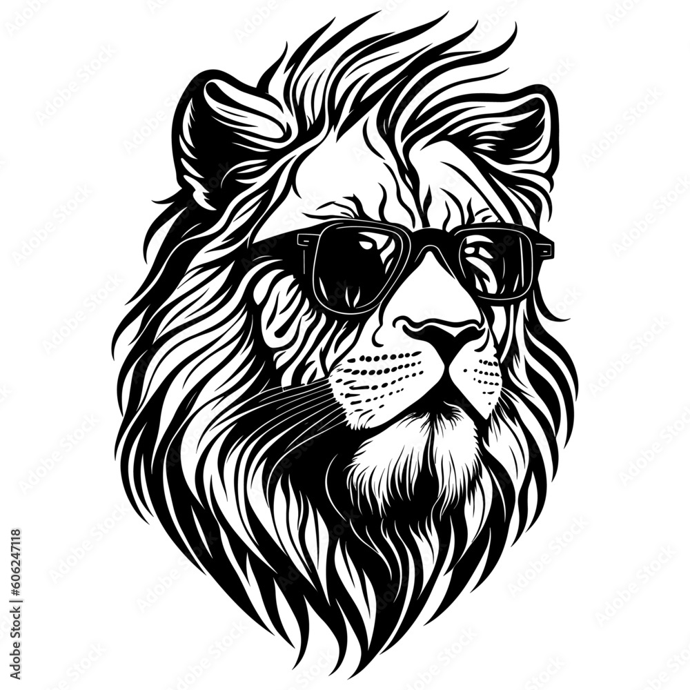 Obraz premium Lion in sunglasses. Logo vector illustration. Drawing for a tattoo. White background. Summertime 