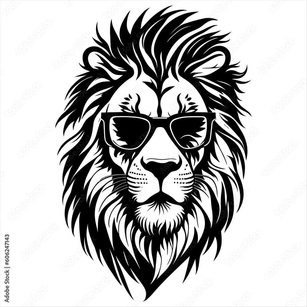 Lion in sunglasses. Logo vector illustration. Drawing for a tattoo. White background. Summertime
