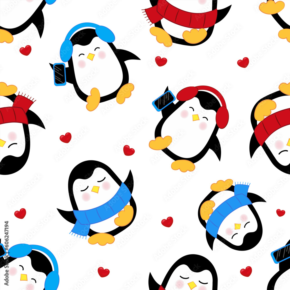 Obraz premium Seamless penguin pattern. Cute dancing penguin listening to music with blue headphones and penguin in a blue scarf. Vector illustration. Kawaii style.