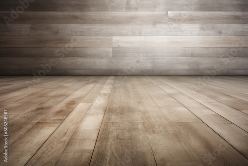 an empty room with a minimalist design and a wooden floor Generative AI