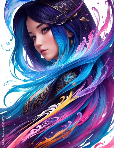 Colorful splash art of a young girl created by AI Technology photo