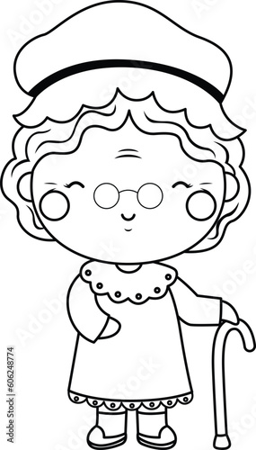 a vector of a grandma in black and white coloring