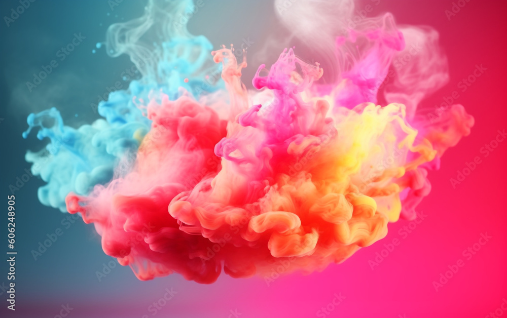 Fototapeta premium Colorful pink red rainbow smoke paint explosion, color fume powder splash, motion of liquid ink dye in water, Generative AI
