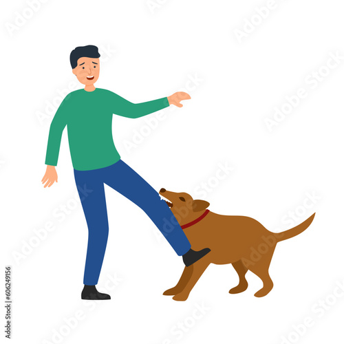 Aggressive dog biting man in flat design on white background.