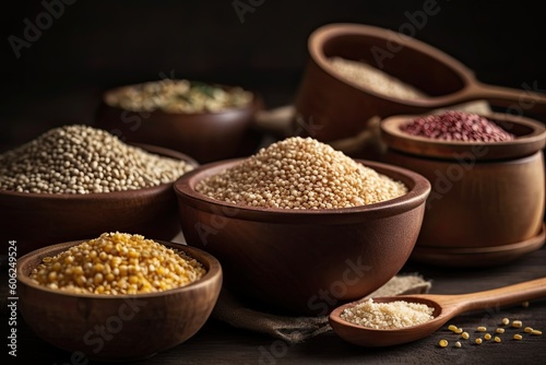 cereal in a wooden bowl top view with copy space