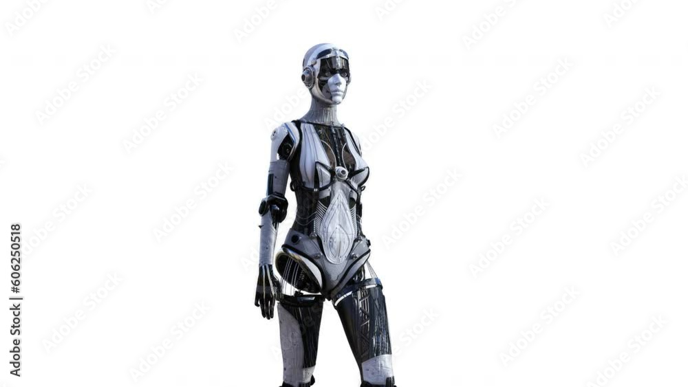 3d Illustration of A woman AI cyborg walk forward and stop on white background with alpha chanel. AI project. 3d Illustration of A woman AI cyborg walk forward and stop on white background with alpha chanel. AI project.