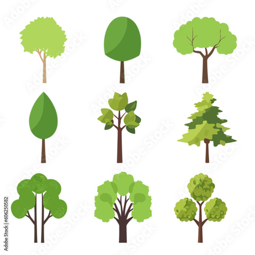 Set of flat tree vector illustrations white background for backdrop decoration