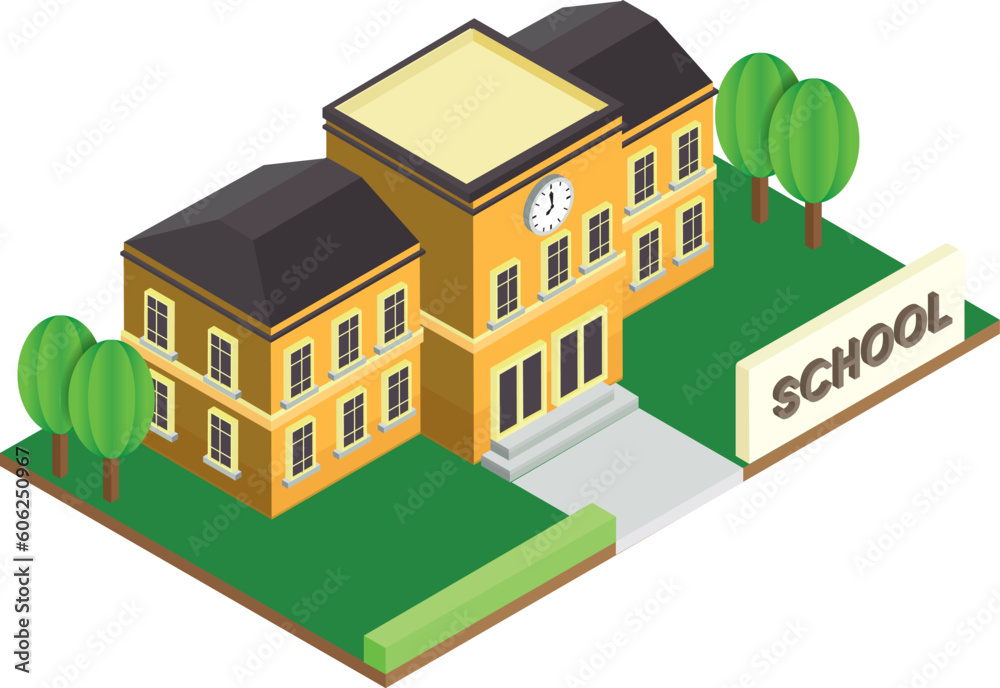Vector isometric orange building with black roof as school building with signboard showing school and clock placed on a white background isolated for mapping use.various presentations or infographics.