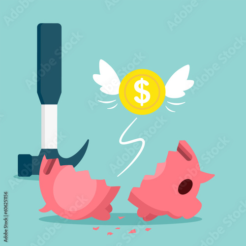 Broken Piggy bank and no savings money. No deposit and investment. Need money for the emergency concept. Vector illustration cartoon flat design for banner, poster, and background.