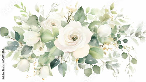 Romantic watercolor white roses wedding watercolor. 