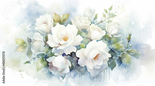 Romantic watercolor white roses wedding watercolor. 