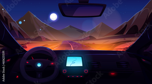 Pov view of car salon inside and sand desert landscape with road. Vehicle dashboard with gps navigator, wheel and Sahara landscape at night, vector cartoon illustration