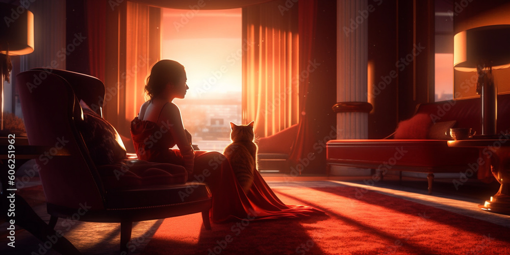 Silhouette of young woman with cat on her hand on colorful evening background. Animals and Influencers. AI Generative Silhouette of young woman with cat on her hand on colorful evening background. Animals and Influencers. AI Generative