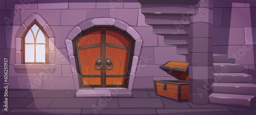 Medieval dungeon with stairs and treasure chest. Vector cartoon illustration of ancient royal castle interior with gothic window, wooden door, empty trunk on stone floor downstairs. Game background