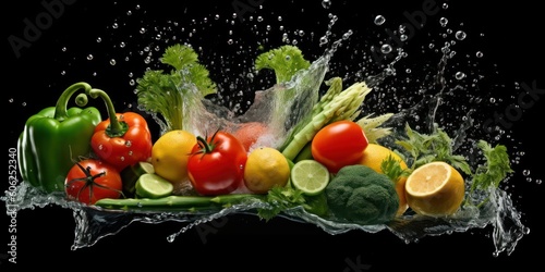 Vegetables with Water Splash on Dark Background  Diet Food for Nutrition and Digestion. Generative Ai