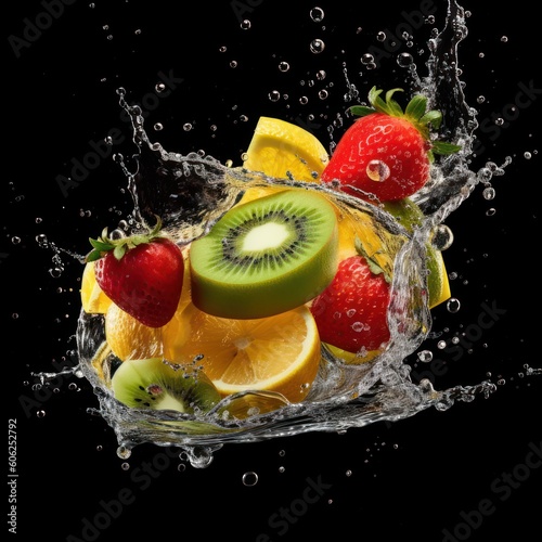 Various Fruit with Water Splash on Dark Background  Healthy fruits Rich in Vitamins. Generative Ai