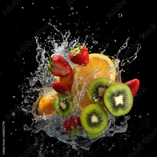 Various Fruit with Water Splash on Dark Background  Healthy fruits Rich in Vitamins. Generative Ai