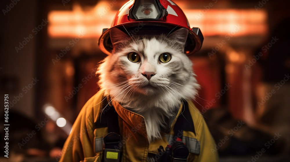 A white cat in a fireman's helmet and jacket, leaving the station or firehouse. .Generative AI