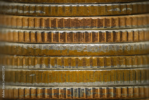 Pile of bronze coins, side view macro