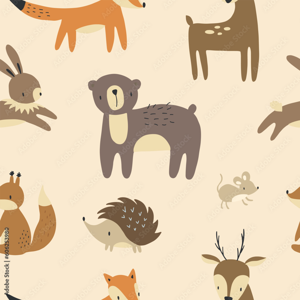 Fototapeta premium Forest seamless pattern with cute animals - elk, bear, rabbit, hedgehog and fox. Vector illustration