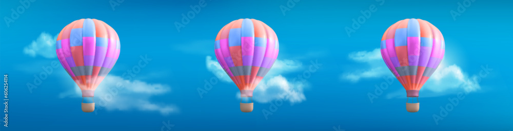 Fototapeta premium Realistic set of 3D colorful hot air balloons in blue sky with white clouds. Vector illustration of blue, pink and orange aircraft with basket for recreation travel, flight adventure. Seamless pattern