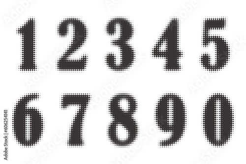 Halftone numbers. Grunge font with pixel pattern. Typography numerals set with abstract dotted effect. Vector pop art design elements.