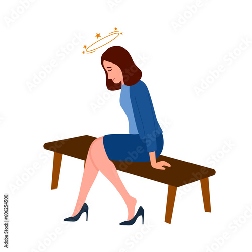 Faint woman sitting on bench in flat design on white background.