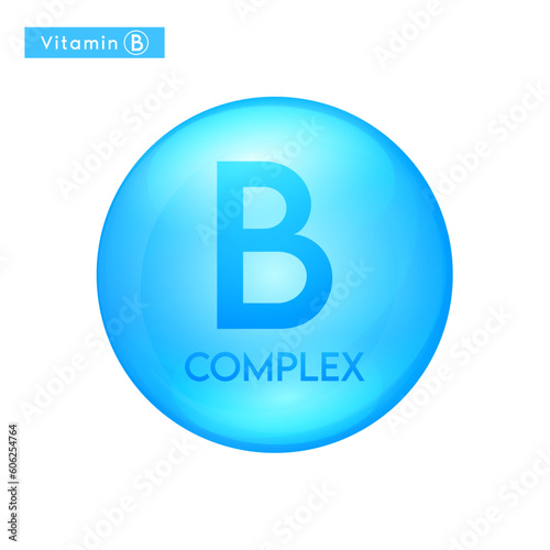 Vitamin B blue icon 3D. Essential multivitamin supplement. Beauty nutrition skincare. Pill capsule vitamins complex. For cosmetic product design. Medical concept. Vector.