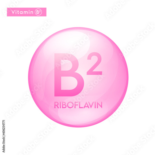 Vitamin B2 (Riboflavin) pink icon 3D. Essential multivitamin supplement. Beauty nutrition skincare. Pill capsule vitamins complex. For cosmetic product design. Medical concept. Vector.