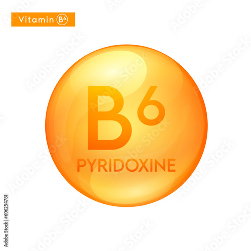 Vitamin B6 pyridoxine orange icon 3D. Essential multivitamin supplement. Beauty nutrition skincare. Pill capsule vitamins complex. For cosmetic product design. Medical sealthy life concept. Vector.