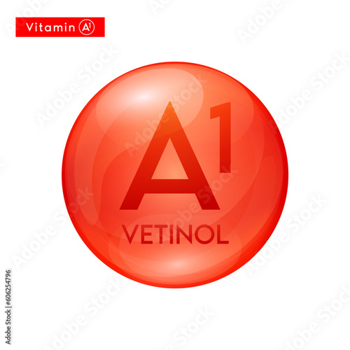 Vitamin A1 (Vetinol) red icon 3D. Essential multivitamin supplement. Beauty nutrition skincare. Pill capsule vitamins complex. For cosmetic product design. Medical concept. Vector.