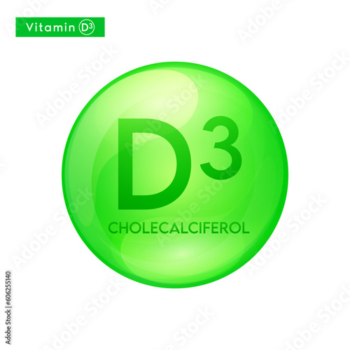 Vitamin D3 (Cholecalciferol) green icon 3D. Essential multivitamin supplement. Beauty nutrition skincare. Pill capsule vitamins complex. For cosmetic product design. Medical concept. Vector.