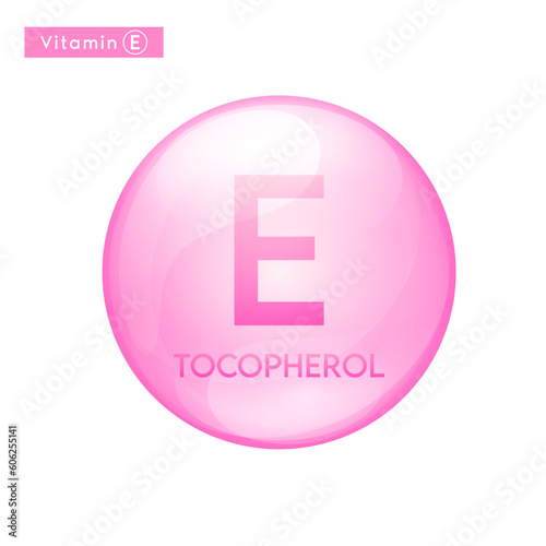 Vitamin E (Tocopherol) pink icon 3D. Essential multivitamin supplement. Beauty nutrition skincare. Pill capsule vitamins complex. For cosmetic product design. Medical concept. Vector. photo