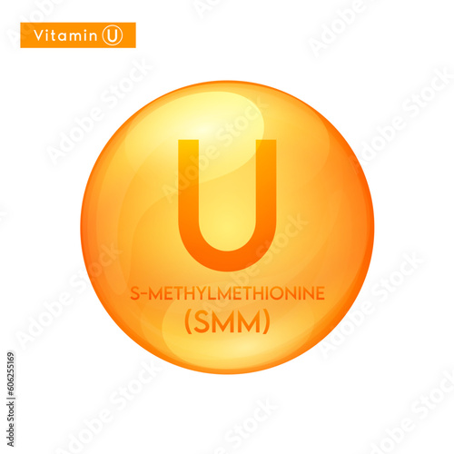 Vitamin U (S-Methylmethionine) orange icon 3D. Essential multivitamin supplement. Beauty nutrition skincare. Pill capsule vitamins complex. For cosmetic product design. Medical concept. Vector.