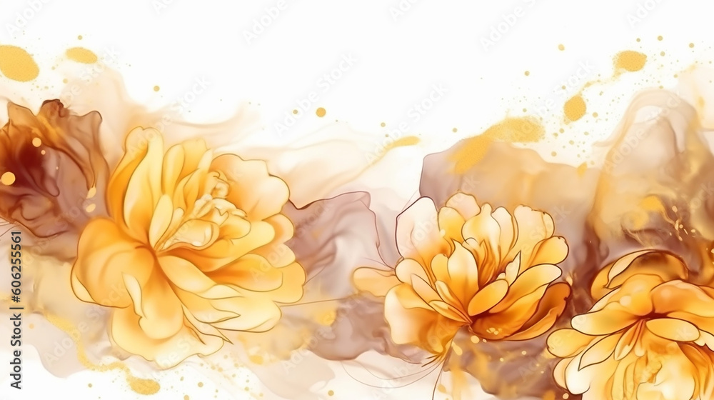 Fototapeta premium white background with wedding golden alcohol ink in elegant roses template. 