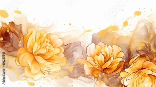 white background with wedding golden alcohol ink in elegant roses template. 