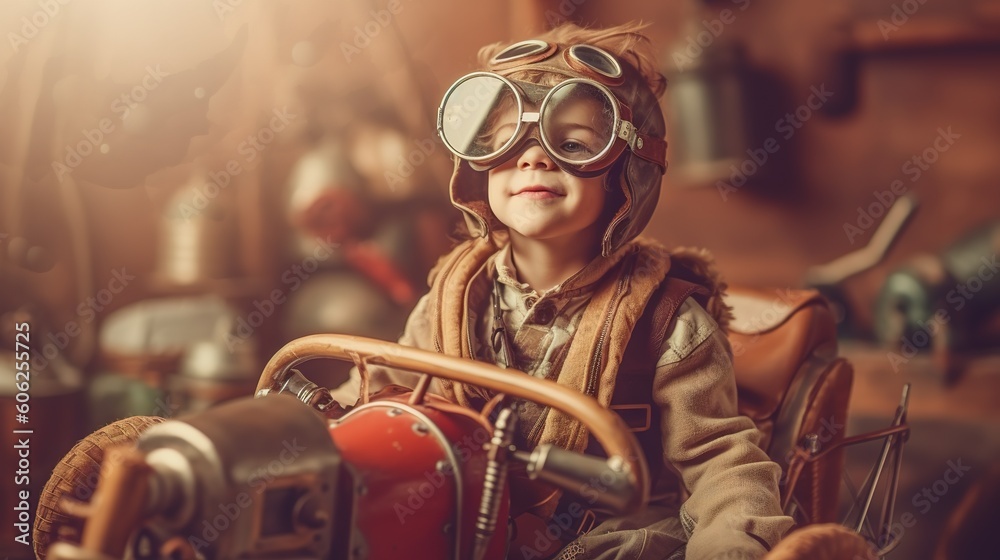 Happy child playing with toy airplane, generative AI Happy child playing with toy airplane, generative AI