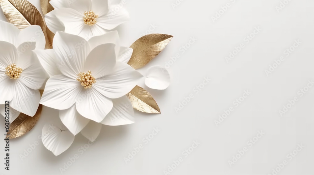 White gold flowers and leaves on white linen texture. White gold flowers and leaves on white linen texture.